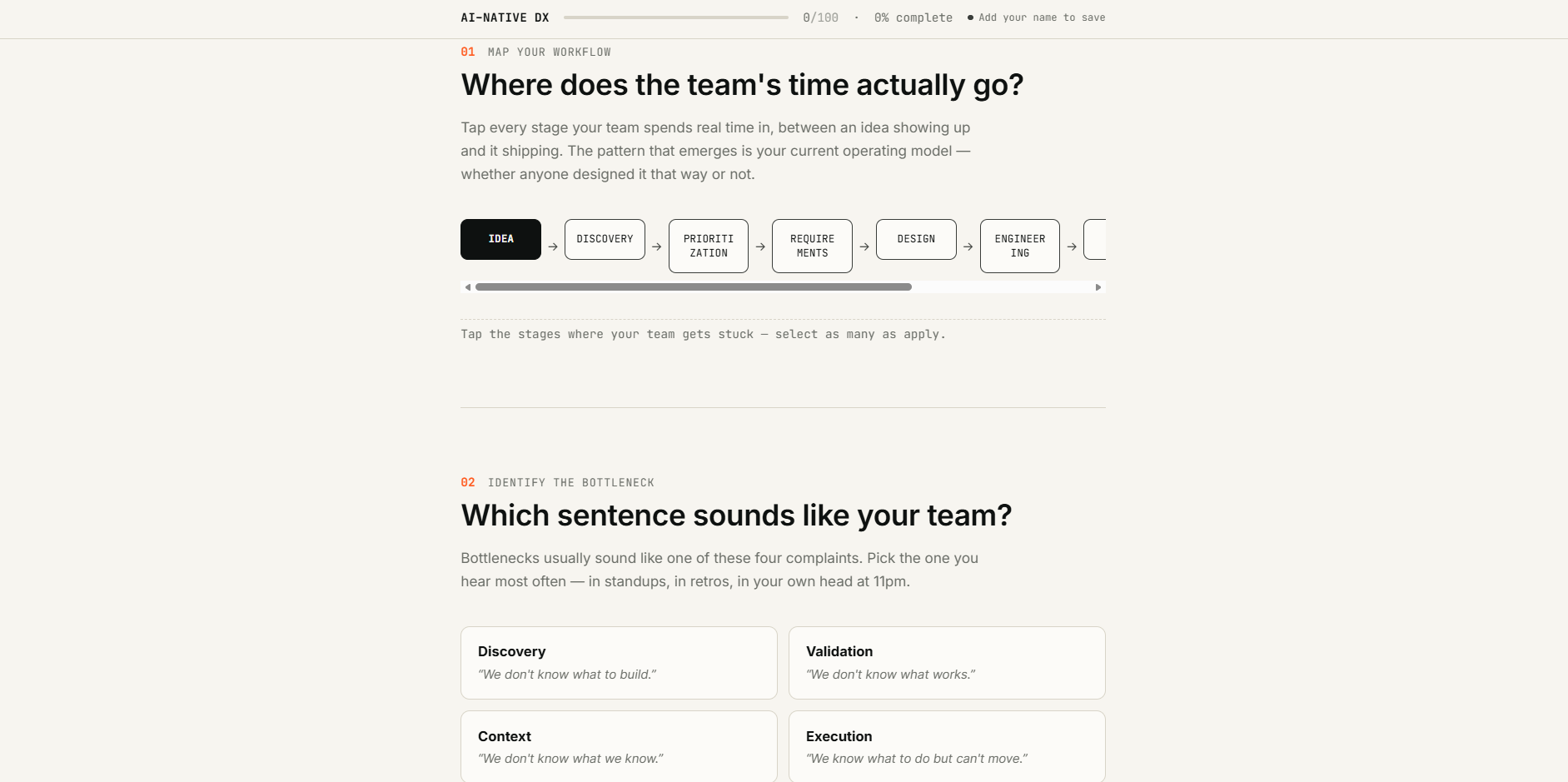 AI-Native Team Diagnostic — a self-scoring AI-maturity assessment with a shared team results view.