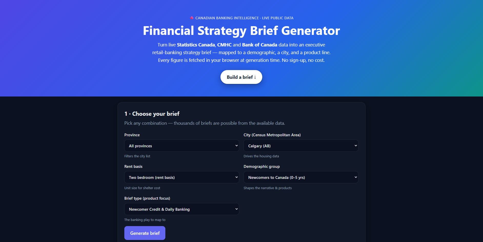 Financial Intelligence Strategy Agent — a decision-ready retail-banking strategy brief generated from live Statistics Canada, Bank of Canada, and CMHC data, with source traceability on each figure.